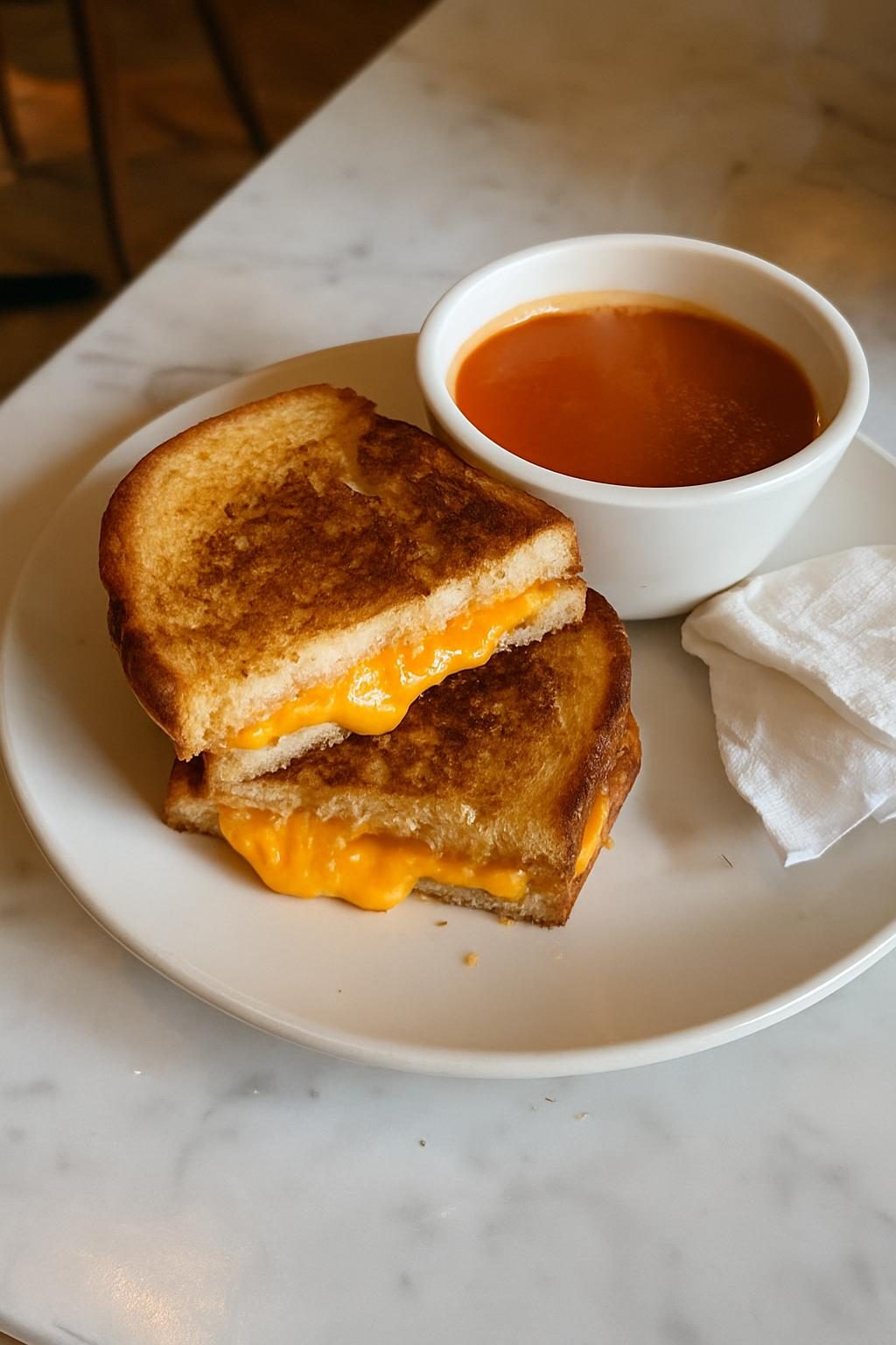 A toasted cheese sandwich cut open with a cup of soup on a marble table