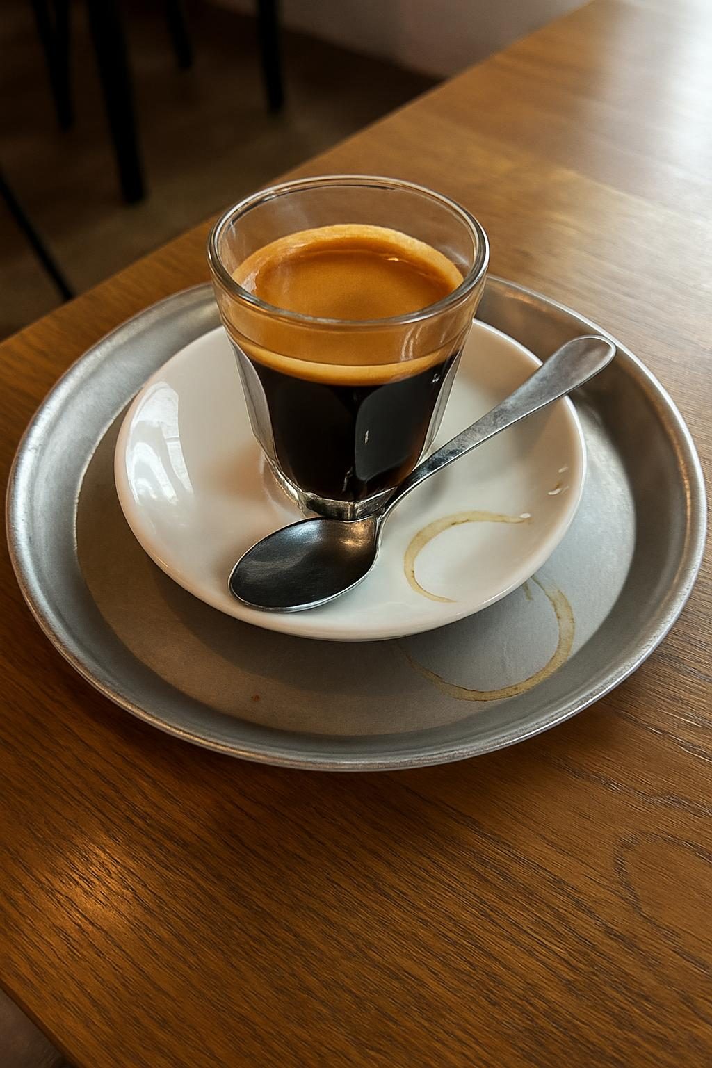 An espresso in a small glass on a metal tray with a spoon