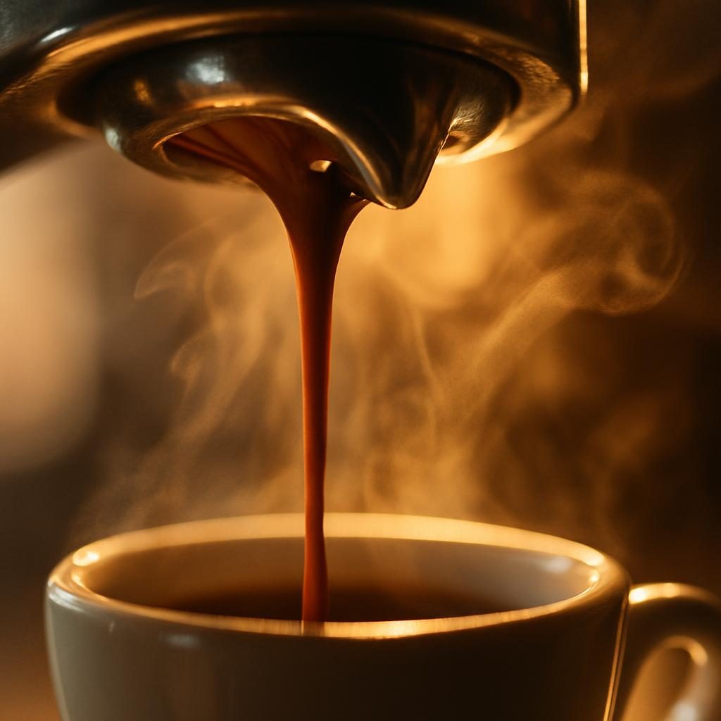Macro of an espresso extraction, dark crema falling into a cup