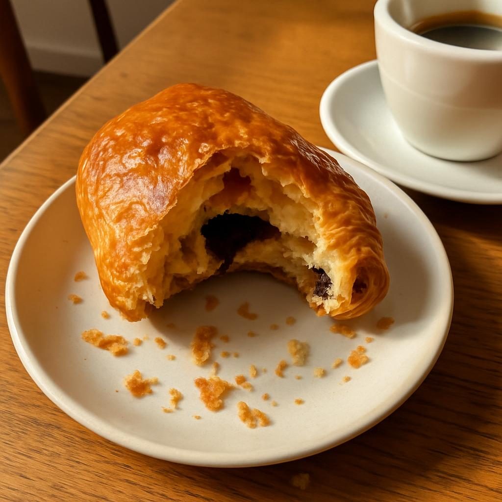 A pain au chocolat broken open on a plate beside a cup