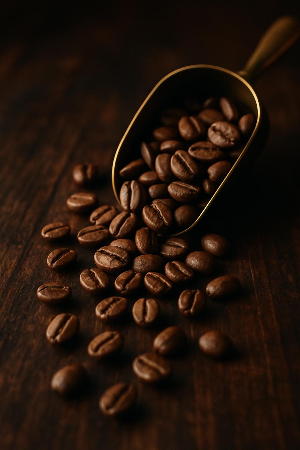 Roasted beans spilling from a brass scoop onto dark oiled timber